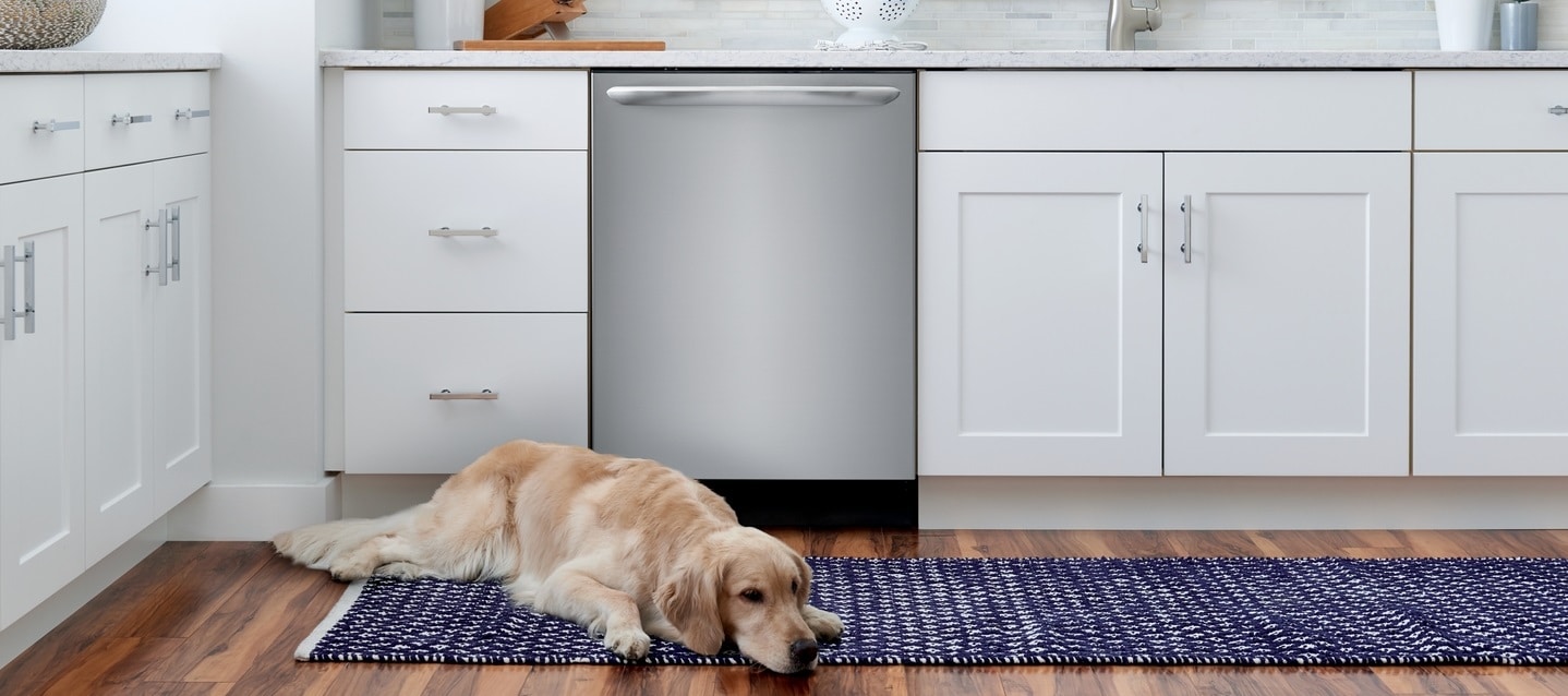 Golden Retriever laying in a kitchen in front of a stainless steel dishwasher